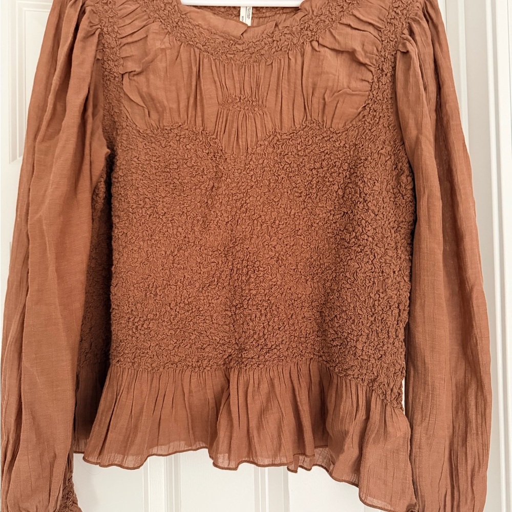 Anthropologie Tan Smocked Blouse